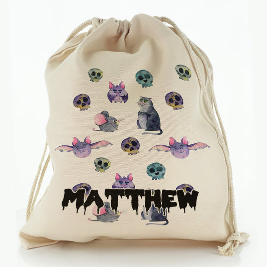 Personalised Canvas Sack with Spooky Text and Cats Bats Skulls 