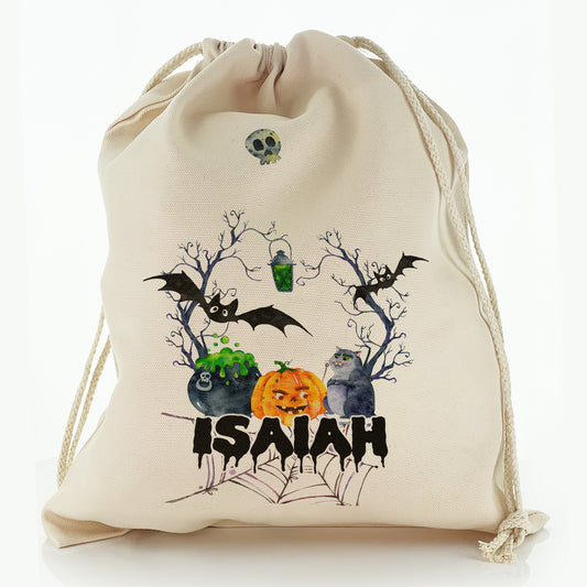 Personalised Canvas Sack with Spooky Text and Scary Halloween Bats and Trees