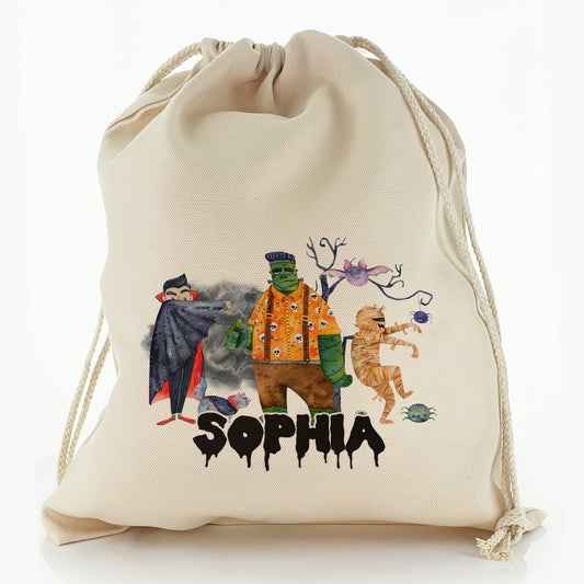 Personalised Canvas Sack with Spooky Text and Scary Monster Trio