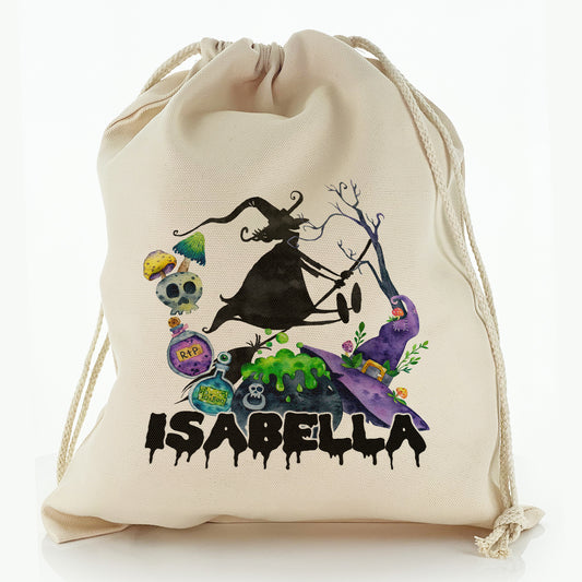 Personalised Canvas Sack with Spooky Text and Scary Witch Silhouette 