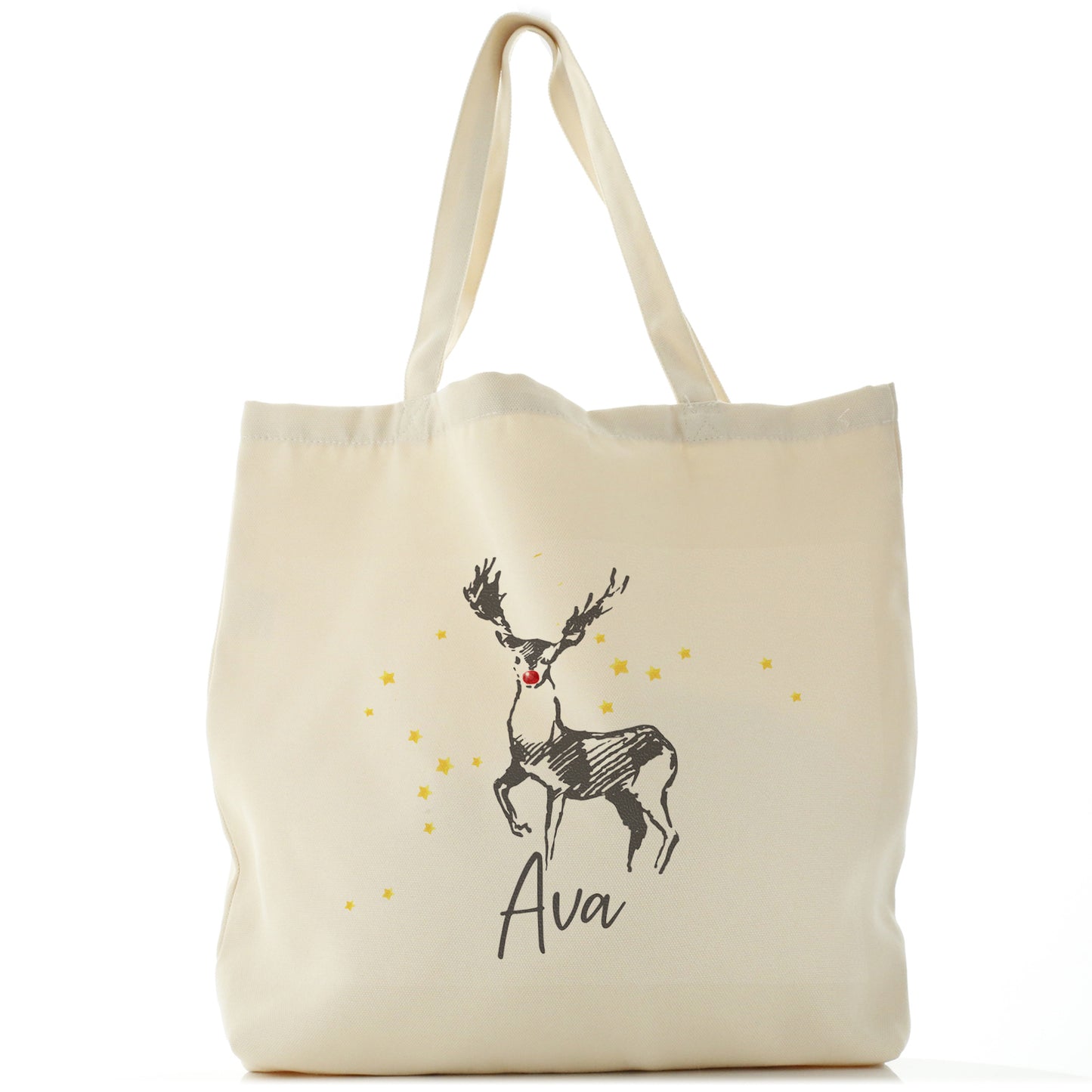 Personalised Canvas Tote Bag with Stylish Text and Red Nose Reindeer Star Sketch