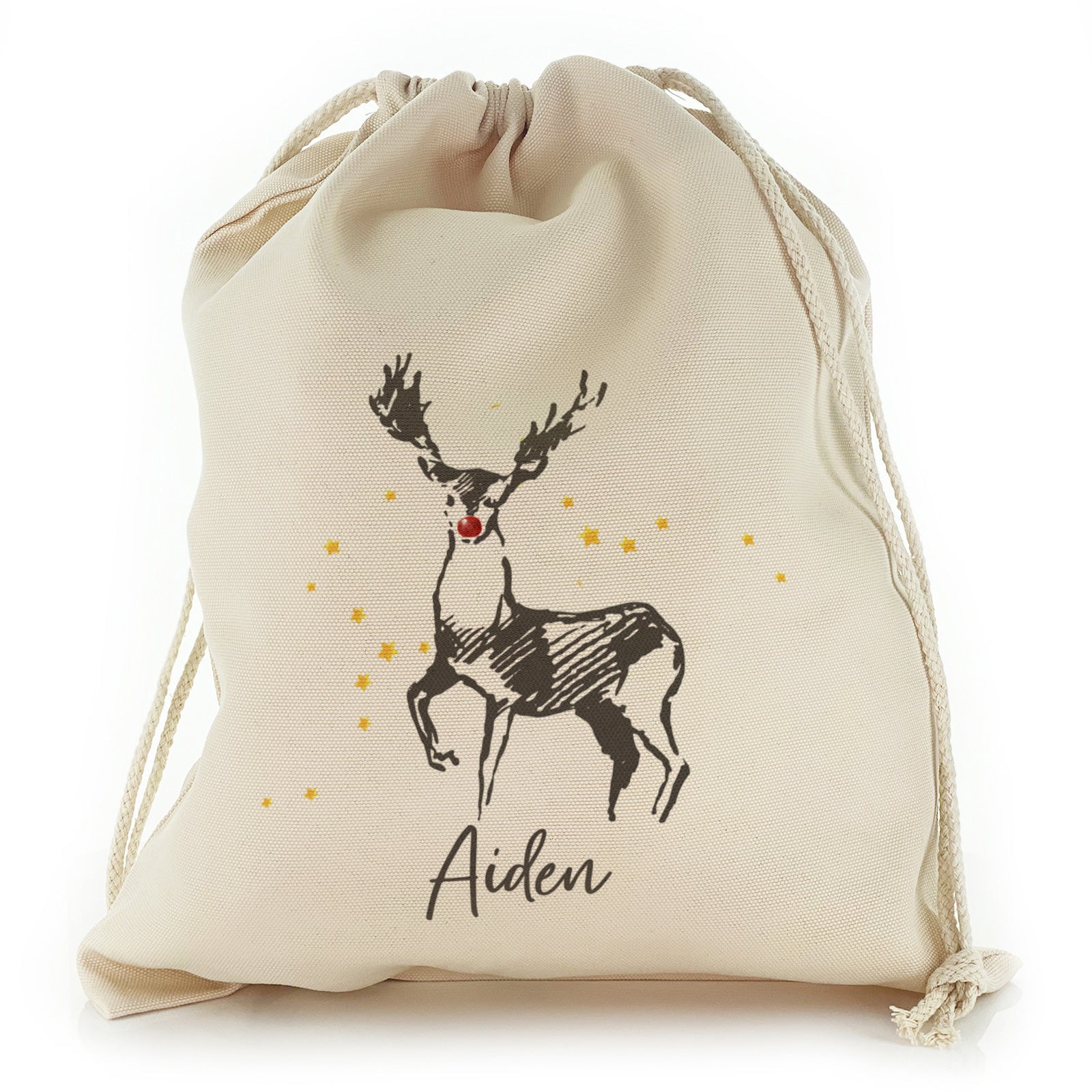 Personalised Canvas Sack with Stylish Text and Red Nose Reindeer Star Sketch