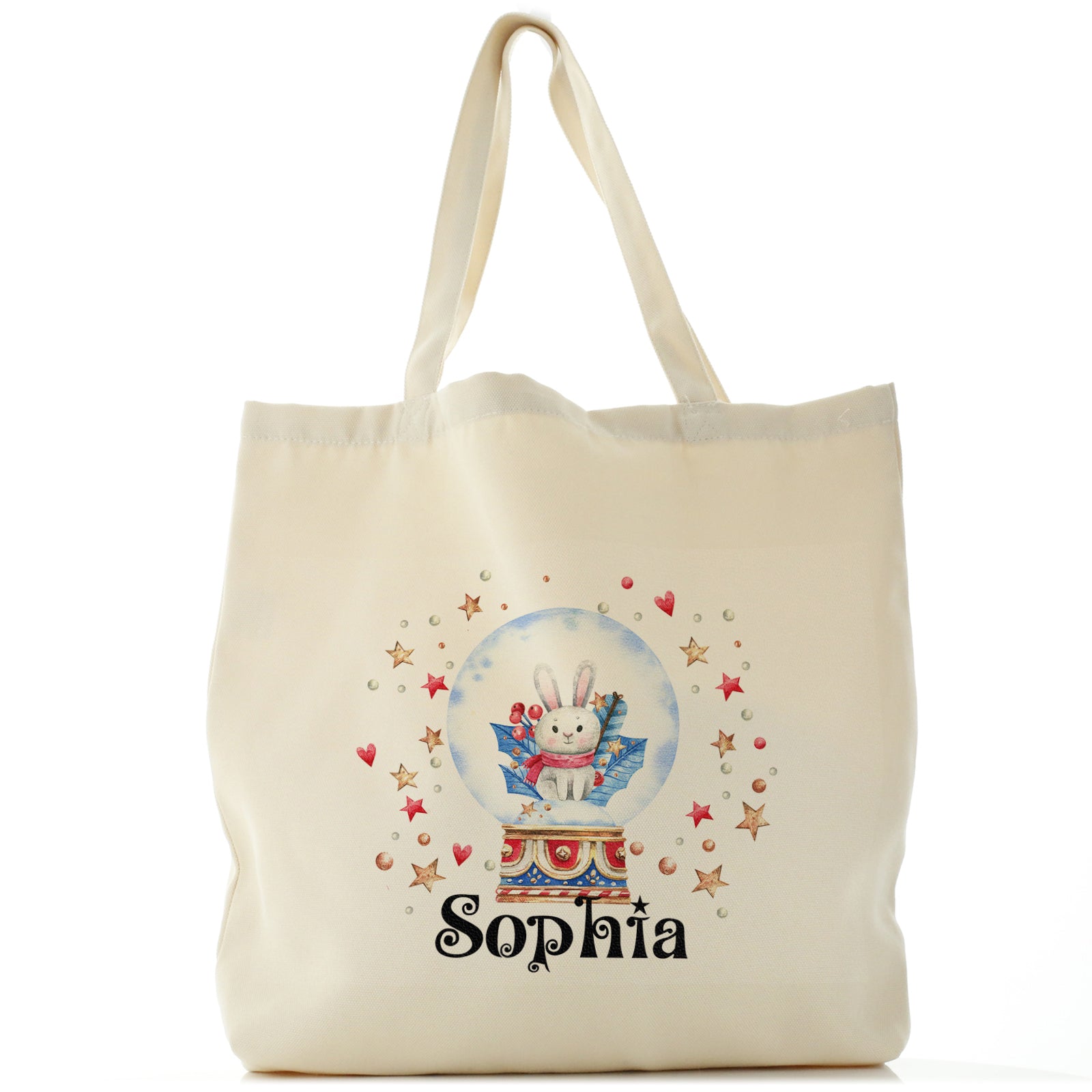 Personalised Canvas Tote Bag with Christmas Text and Rabbit Snow Globe