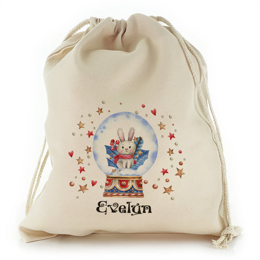 Personalised Canvas Sack with Christmas Text and Rabbit Snow Globe