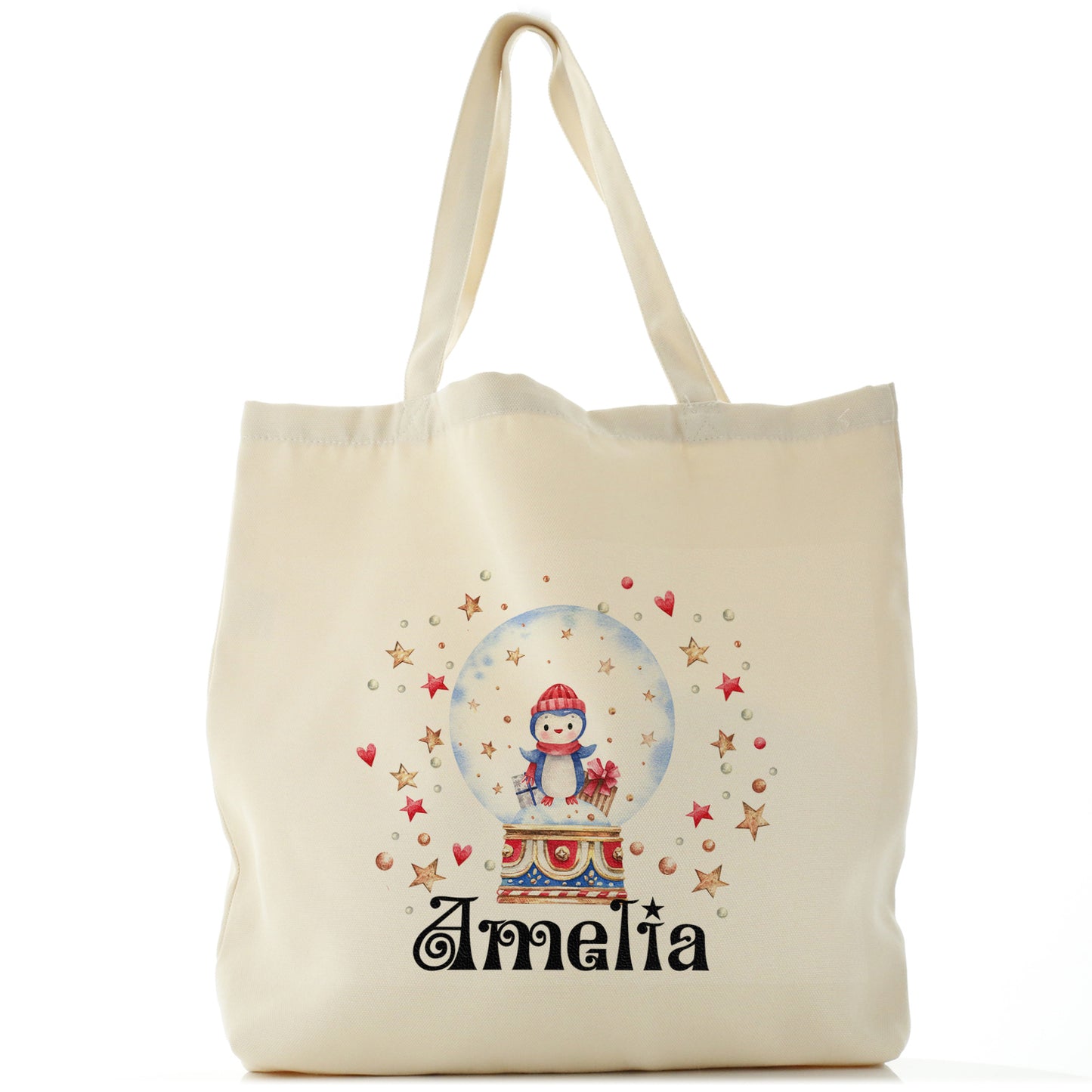 Personalised Canvas Tote Bag with Christmas Text and Penguin Snow Globe