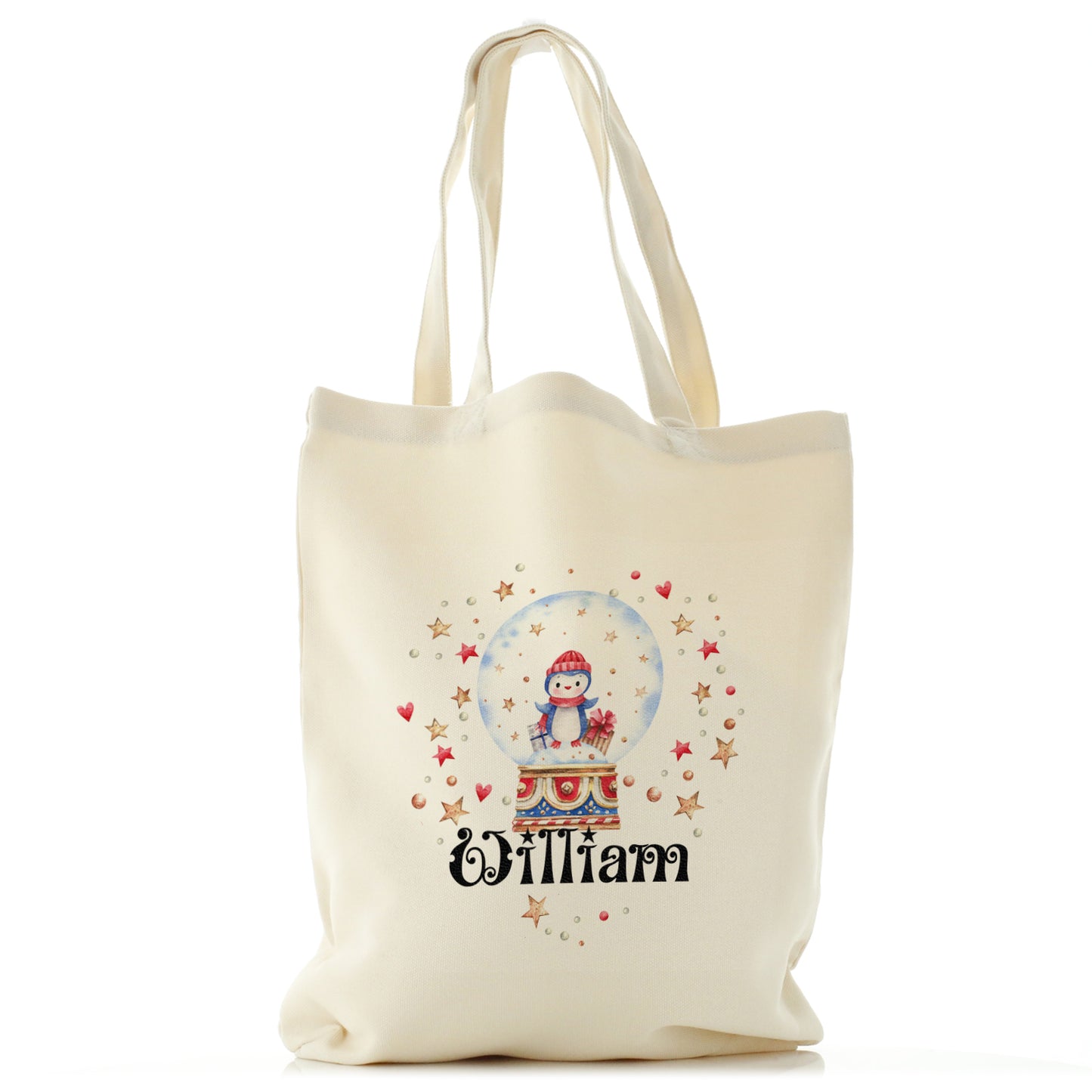 Personalised Canvas Tote Bag with Christmas Text and Penguin Snow Globe