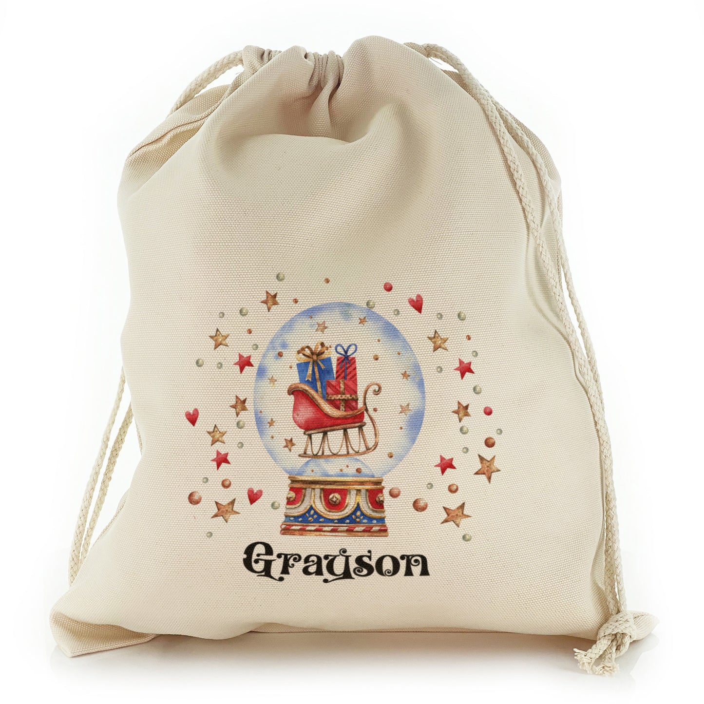 Personalised Canvas Sack with Christmas Text and Santa Sleigh Snow Globe