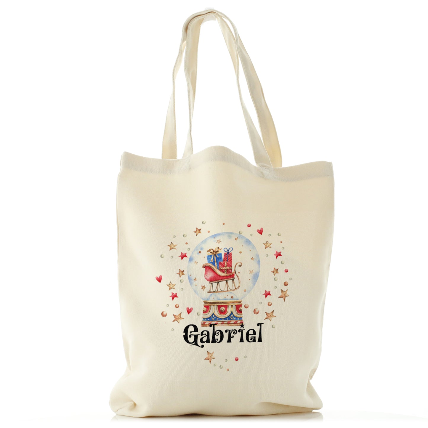 Personalised Canvas Tote Bag with Christmas Text and Santa Sleigh Snow Globe