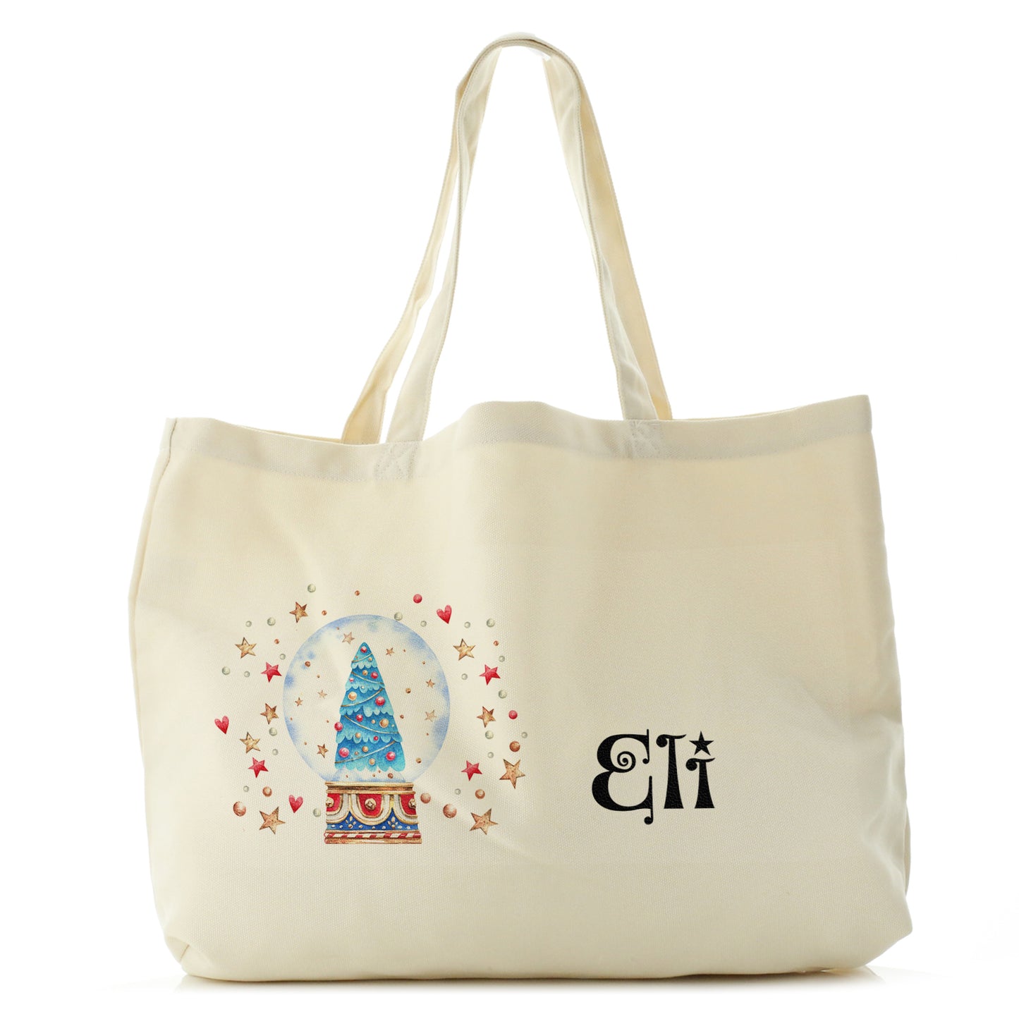 Personalised Canvas Tote Bag with Christmas Text and Blue Xmas Tree Snow Globe