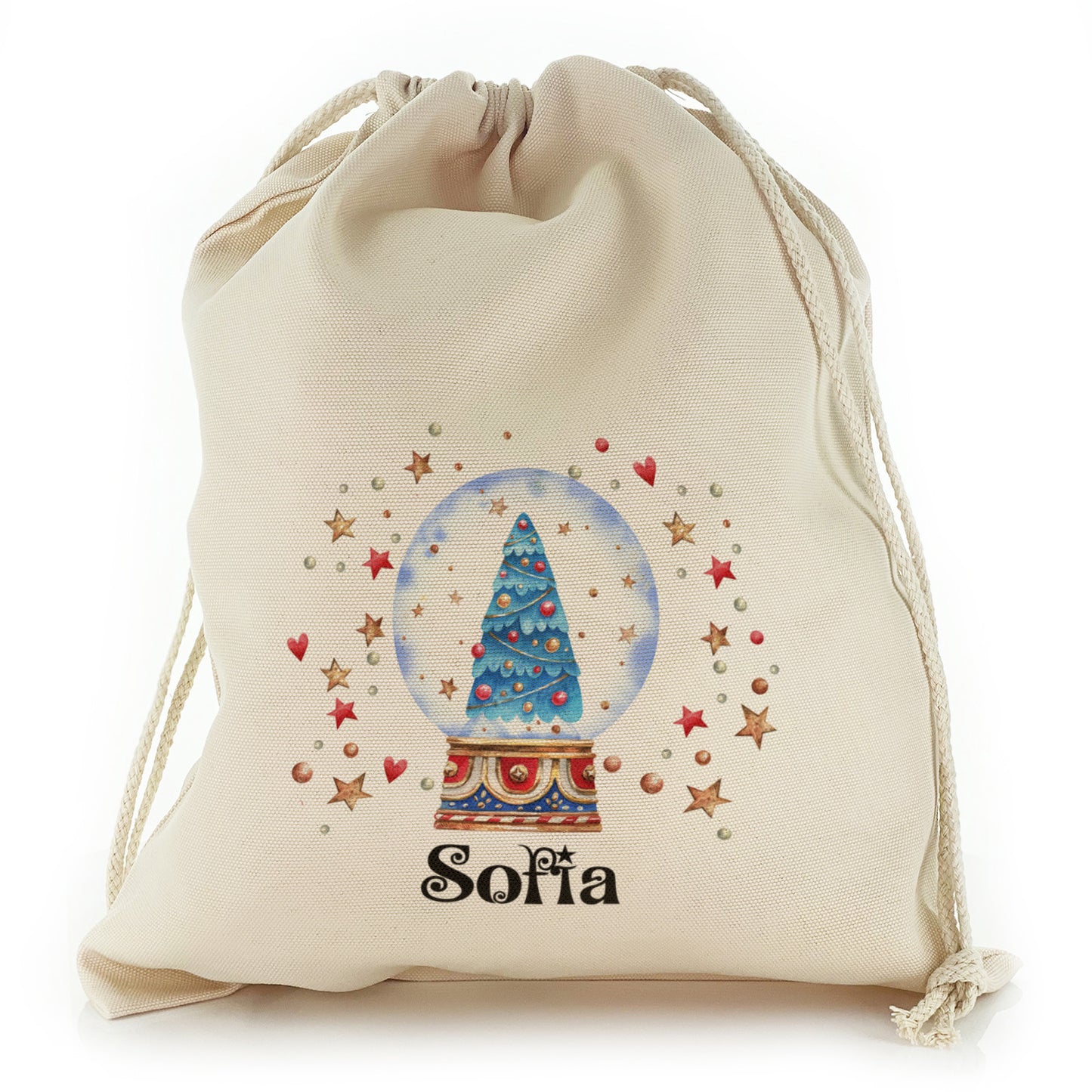 Personalised Canvas Sack with Christmas Text and Blue Xmas Tree Snow Globe