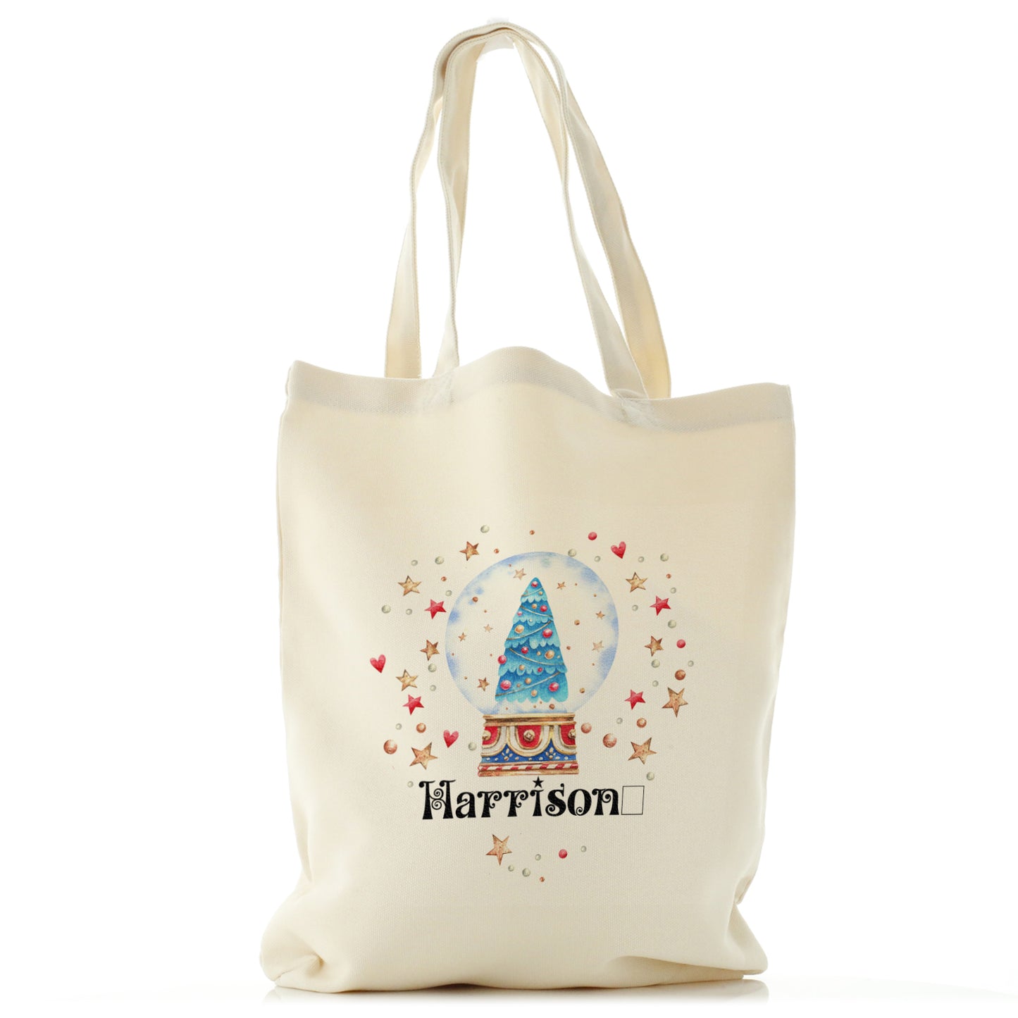 Personalised Canvas Tote Bag with Christmas Text and Blue Xmas Tree Snow Globe