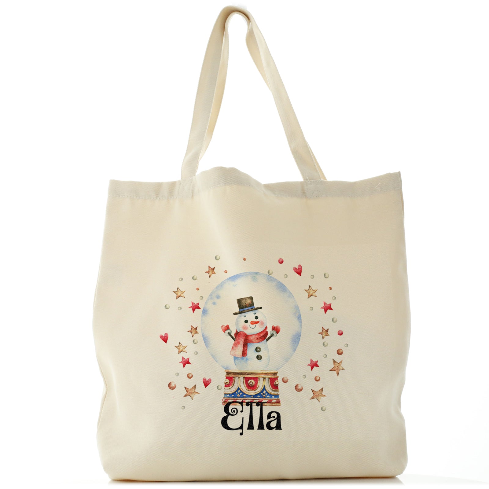 Personalised Canvas Tote Bag with Christmas Text and Snowman Hearts Snow Globe