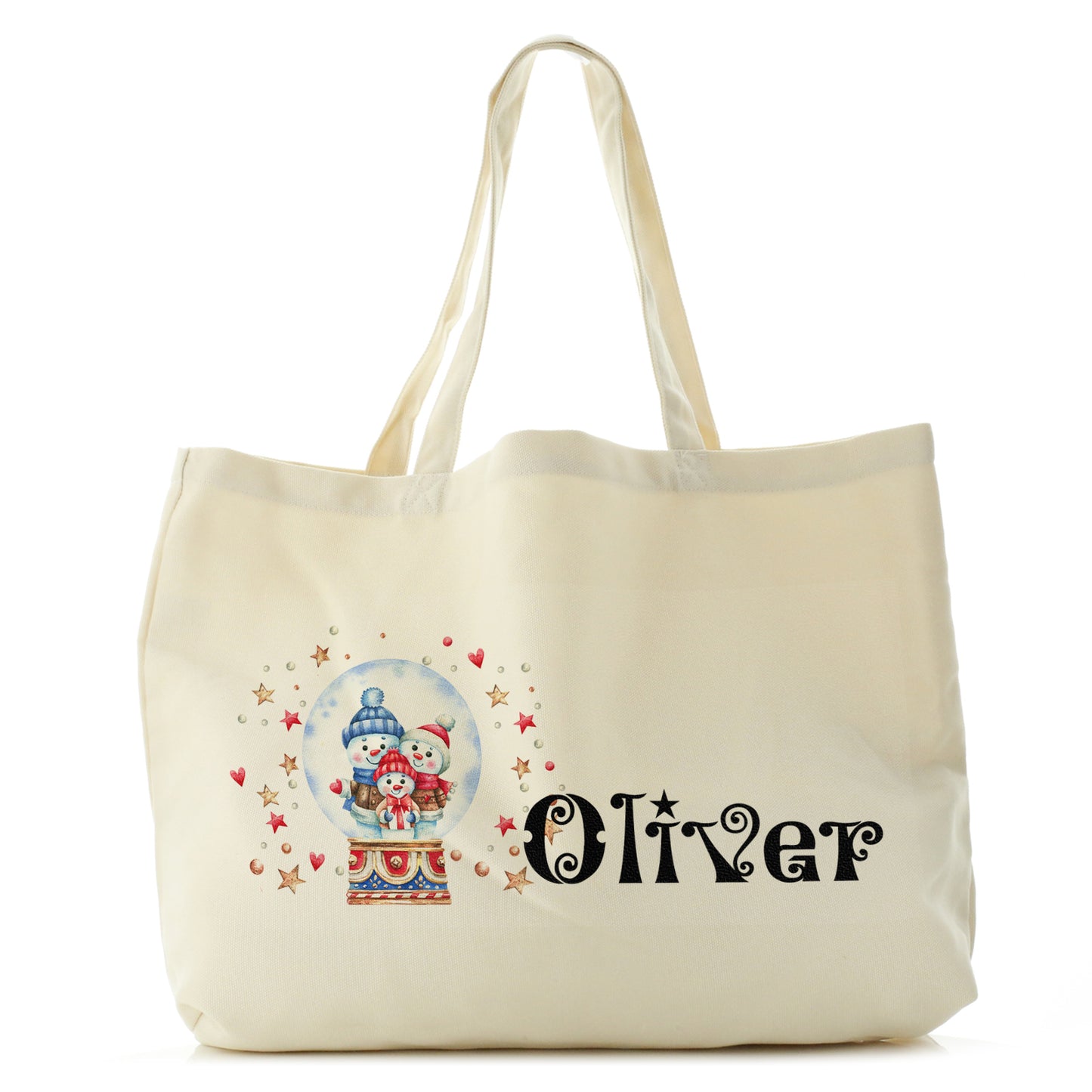Personalised Canvas Tote Bag with Christmas Text and Snowman Family Snow Globe