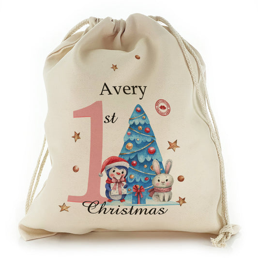 Personalised Canvas Sack with Winter Text and Baby Girl Pink First Christmas