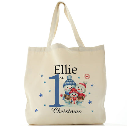 Personalised Canvas Tote Bag with Winter Text and Baby Boy Blue First Christmas