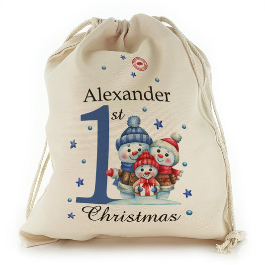 Personalised Canvas Sack with Winter Text and Baby Boy Blue First Christmas