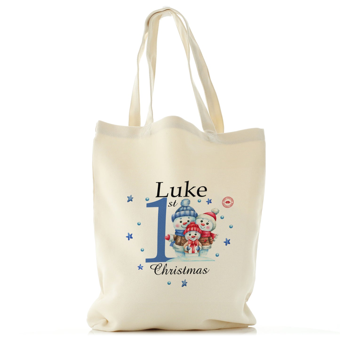 Personalised Canvas Tote Bag with Winter Text and Baby Boy Blue First Christmas