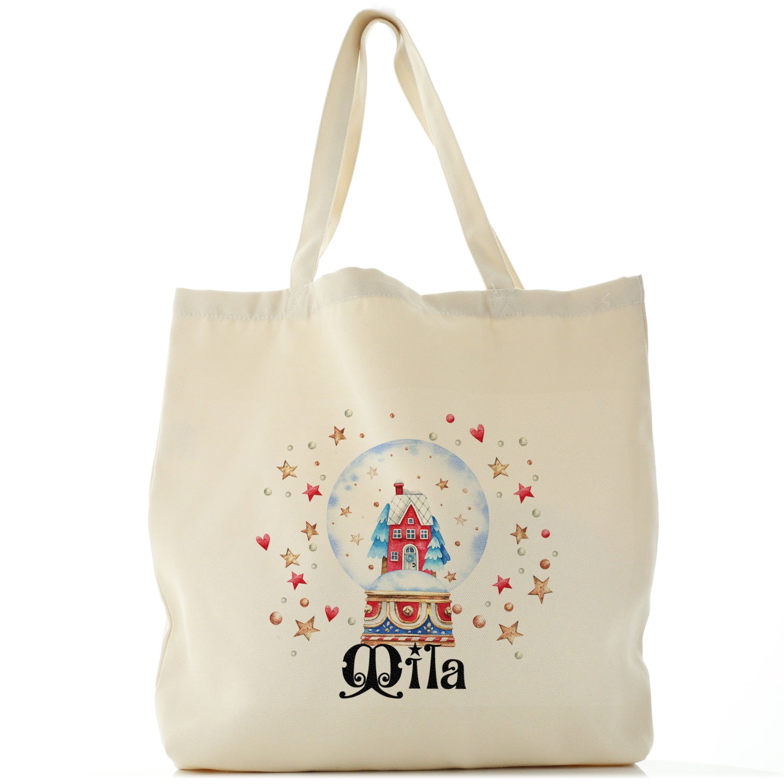 Personalised Canvas Tote Bag with Christmas Text and Snowy Christmas House Snow Globe