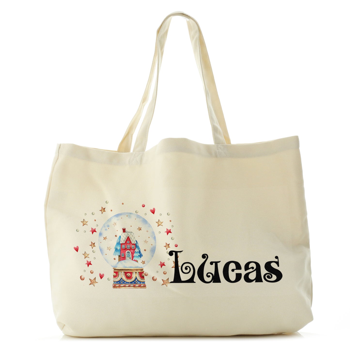 Personalised Canvas Tote Bag with Christmas Text and Snowy Christmas House Snow Globe