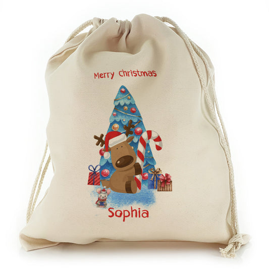 Personalised Canvas Sack with Brush Stroke Text and Blue Christmas Tree Reindeer and Mouse