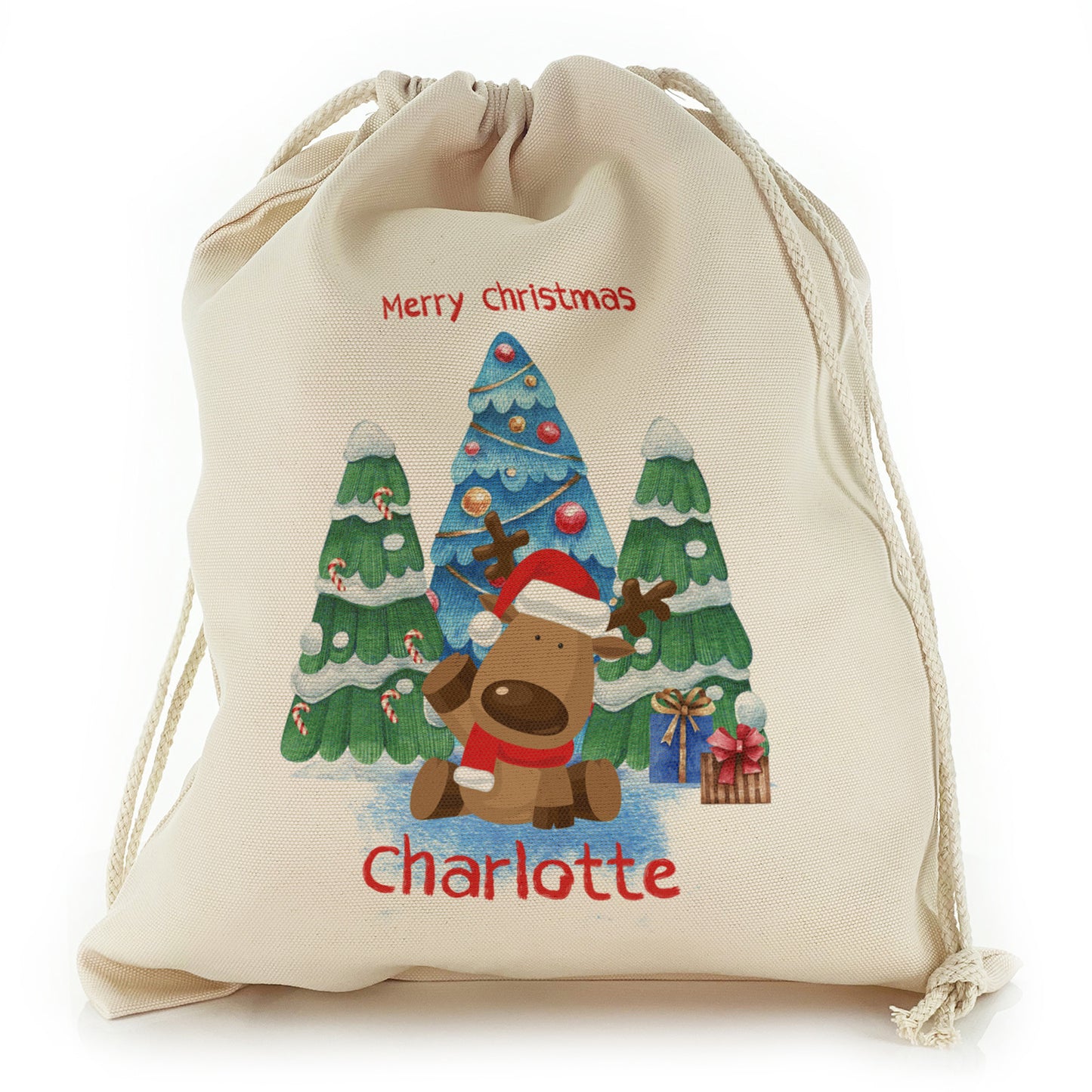 Personalised Canvas Sack with Brush Stroke Text and Christmas Trees Reindeer 
