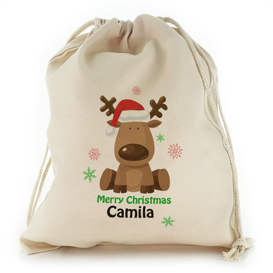 Personalised Canvas Sack with Merry Christmas Text and Santa Hat Reindeer