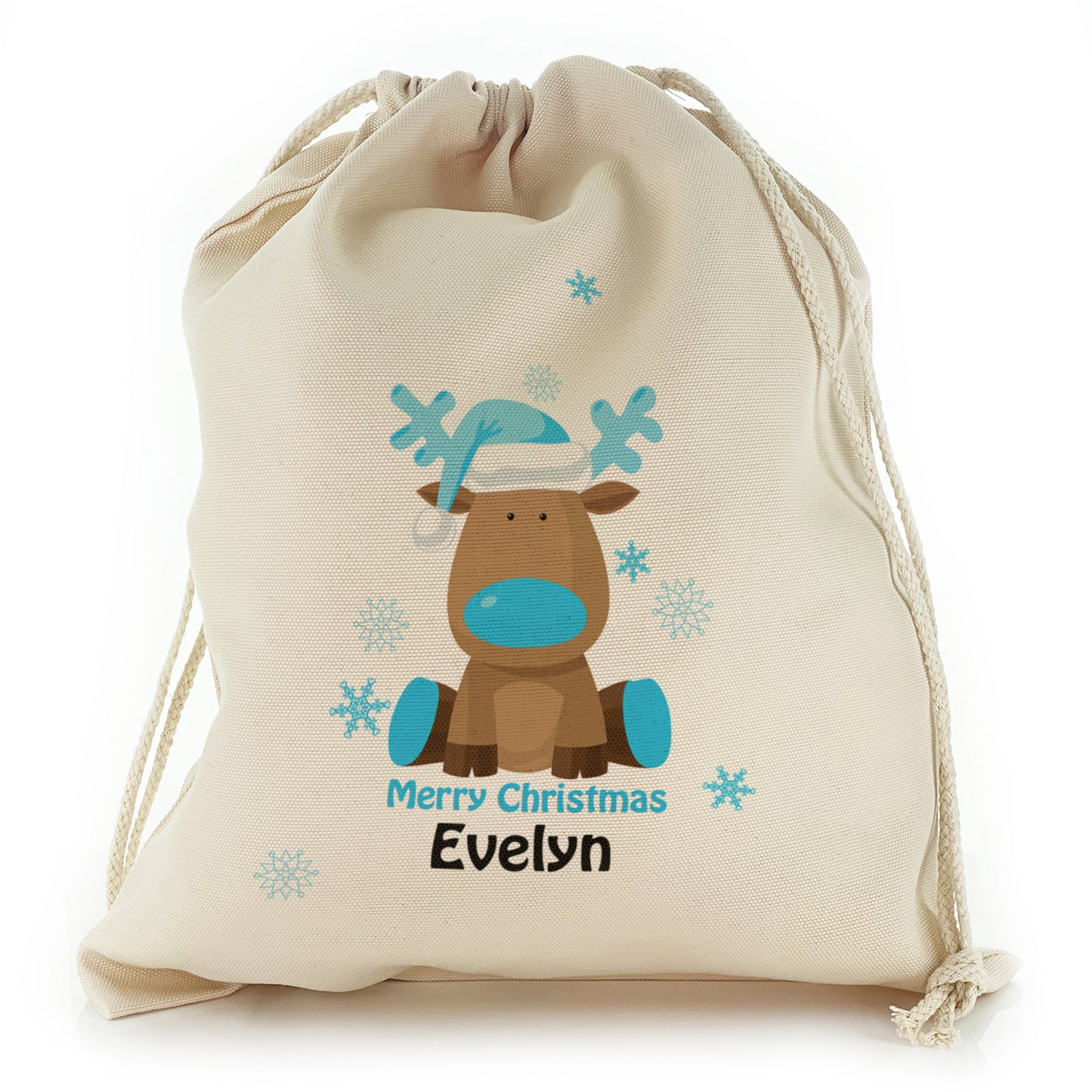 Personalised Canvas Sack with Merry Christmas Text and Blue Santa Hat Reindeer