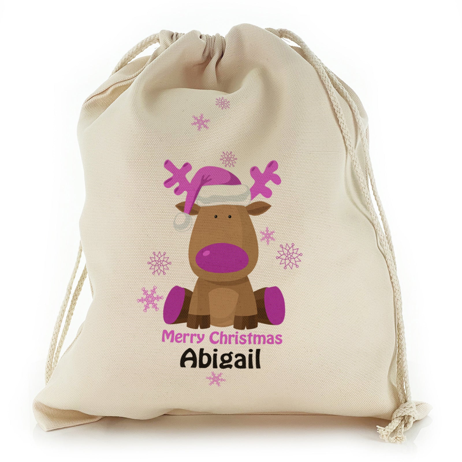 Personalised Canvas Sack with Merry Christmas Text and Purple Santa Hat Reindeer