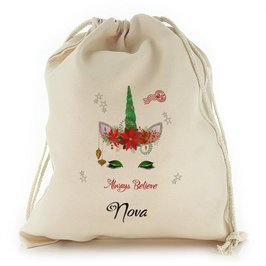 Personalised Canvas Sack with Fancy Text and Green Sparkle Reindeer Unicorn