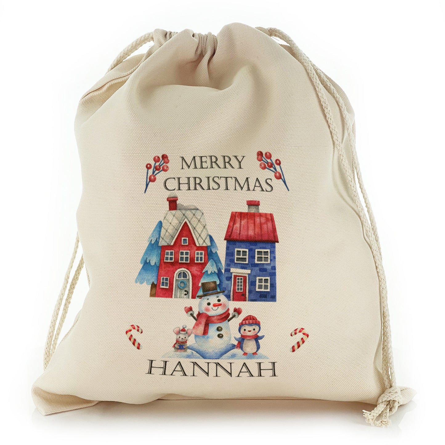 Personalised Canvas Sack with Block Text and Christmas Characters and Houses