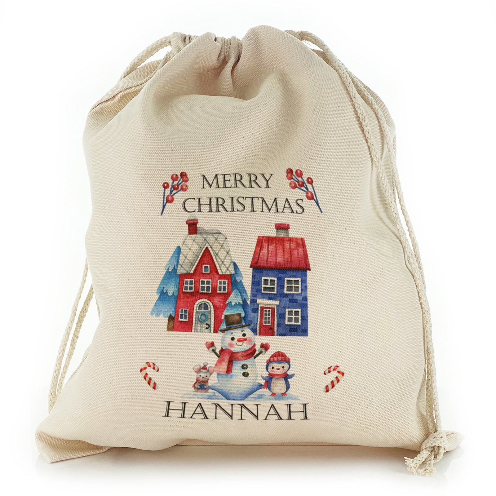 Personalised Canvas Sack with Block Text and Christmas Characters and Houses