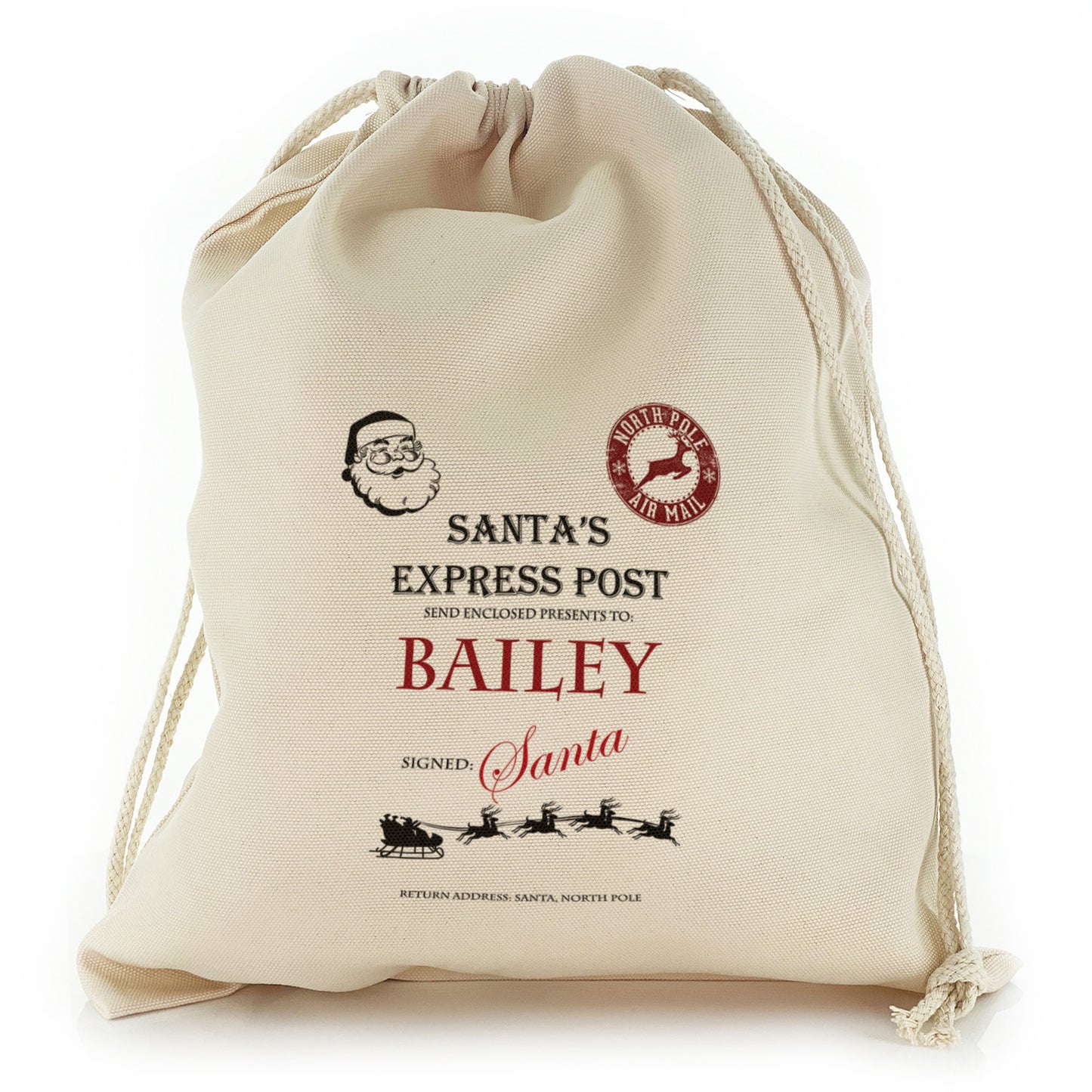 Personalised Canvas Sack with Childs Name on Santa Signed Express Post