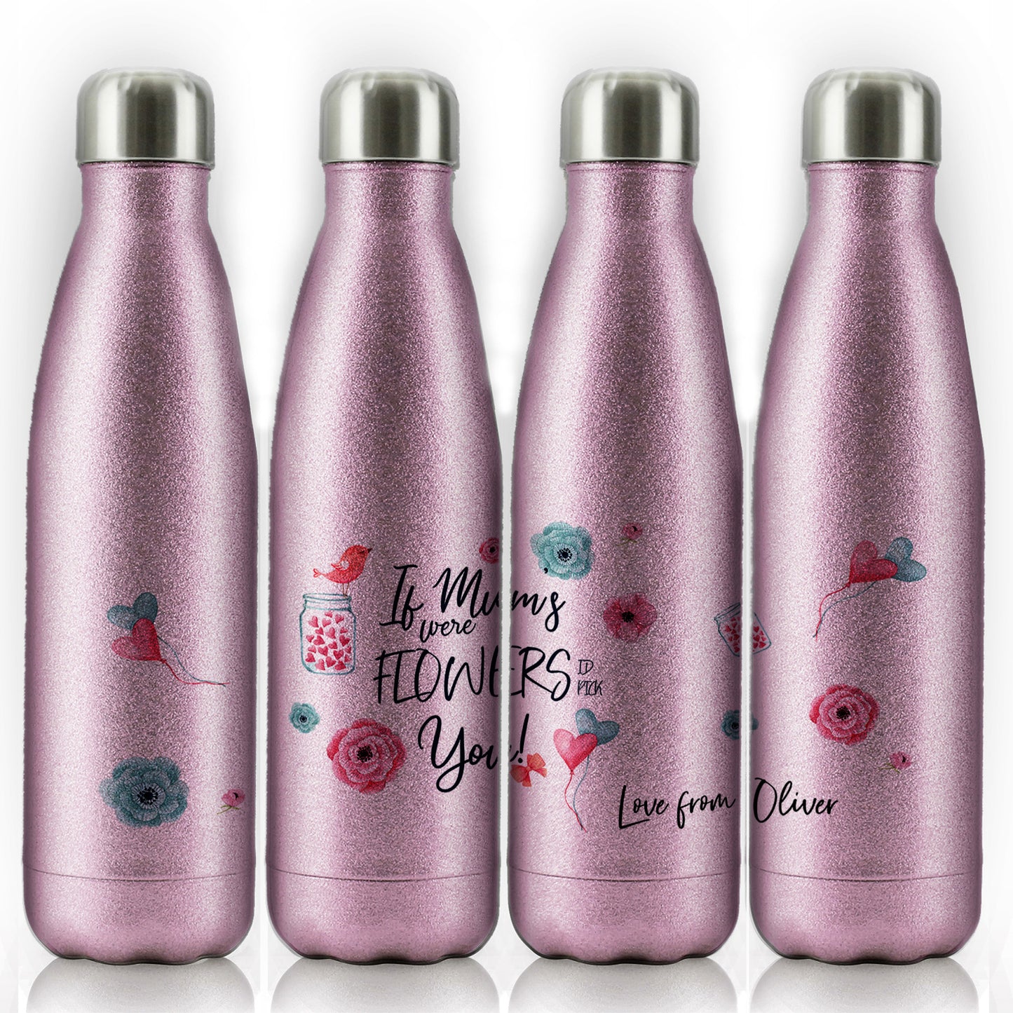Personalisierte Cola-Flasche mit stilvollem Text und Blumen-Liebesbotschaft