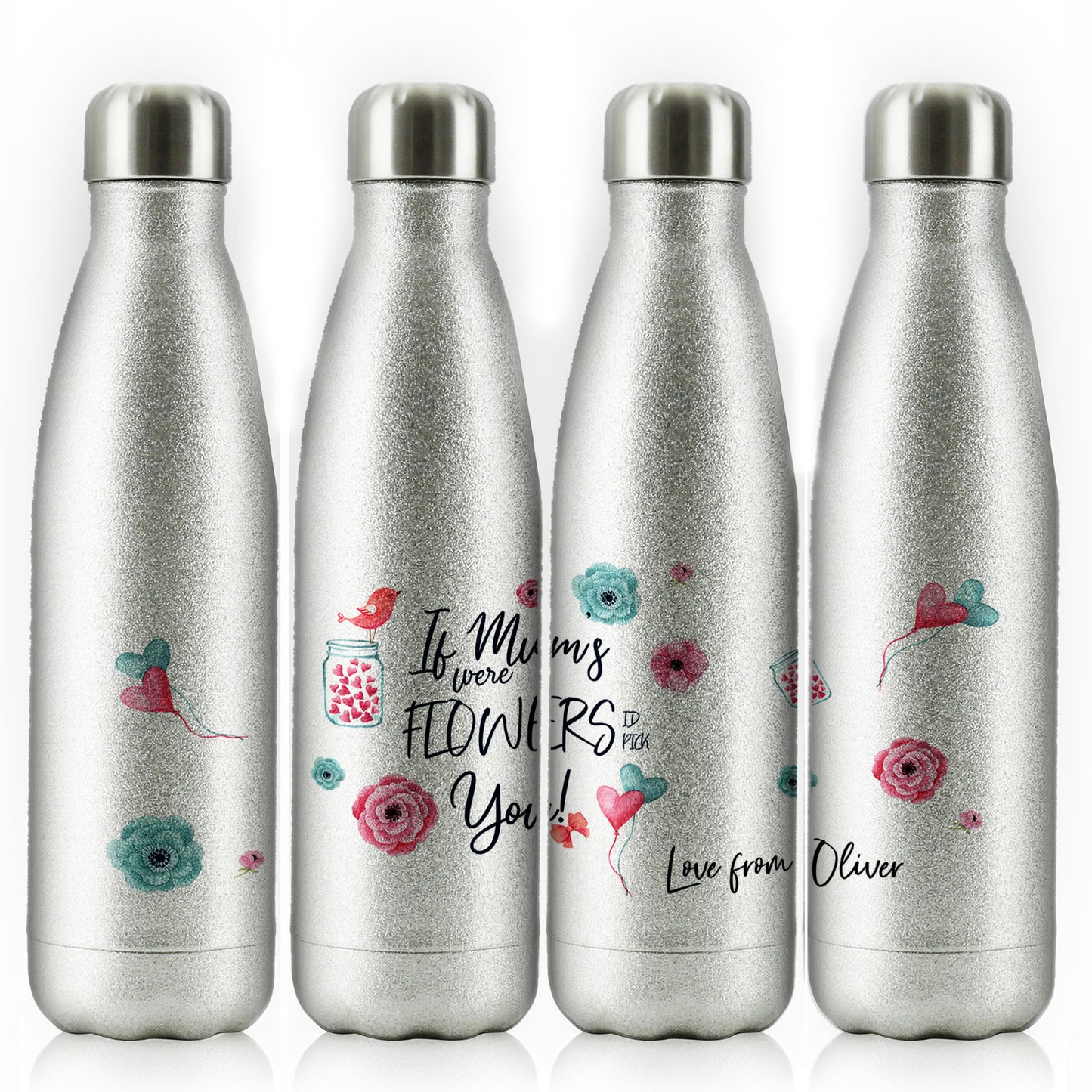Personalisierte Cola-Flasche mit stilvollem Text und Blumen-Liebesbotschaft