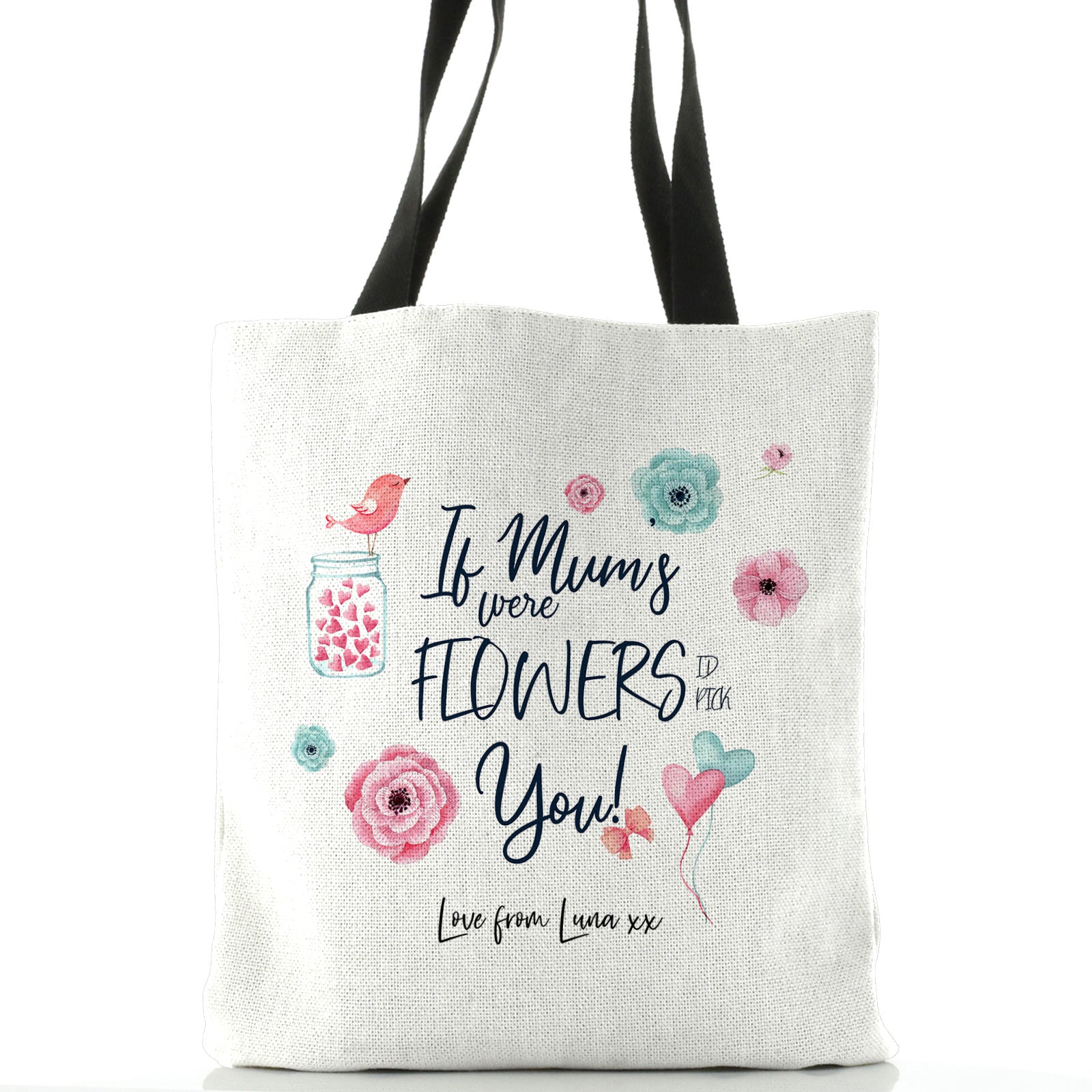 Personalised White Tote Bag with Stylish Text and Flowers Love Message