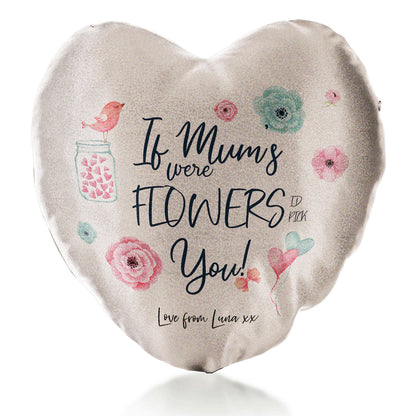 Personalisiertes Glitzer-Herzkissen mit stilvollem Text und Blumen-Liebesbotschaft