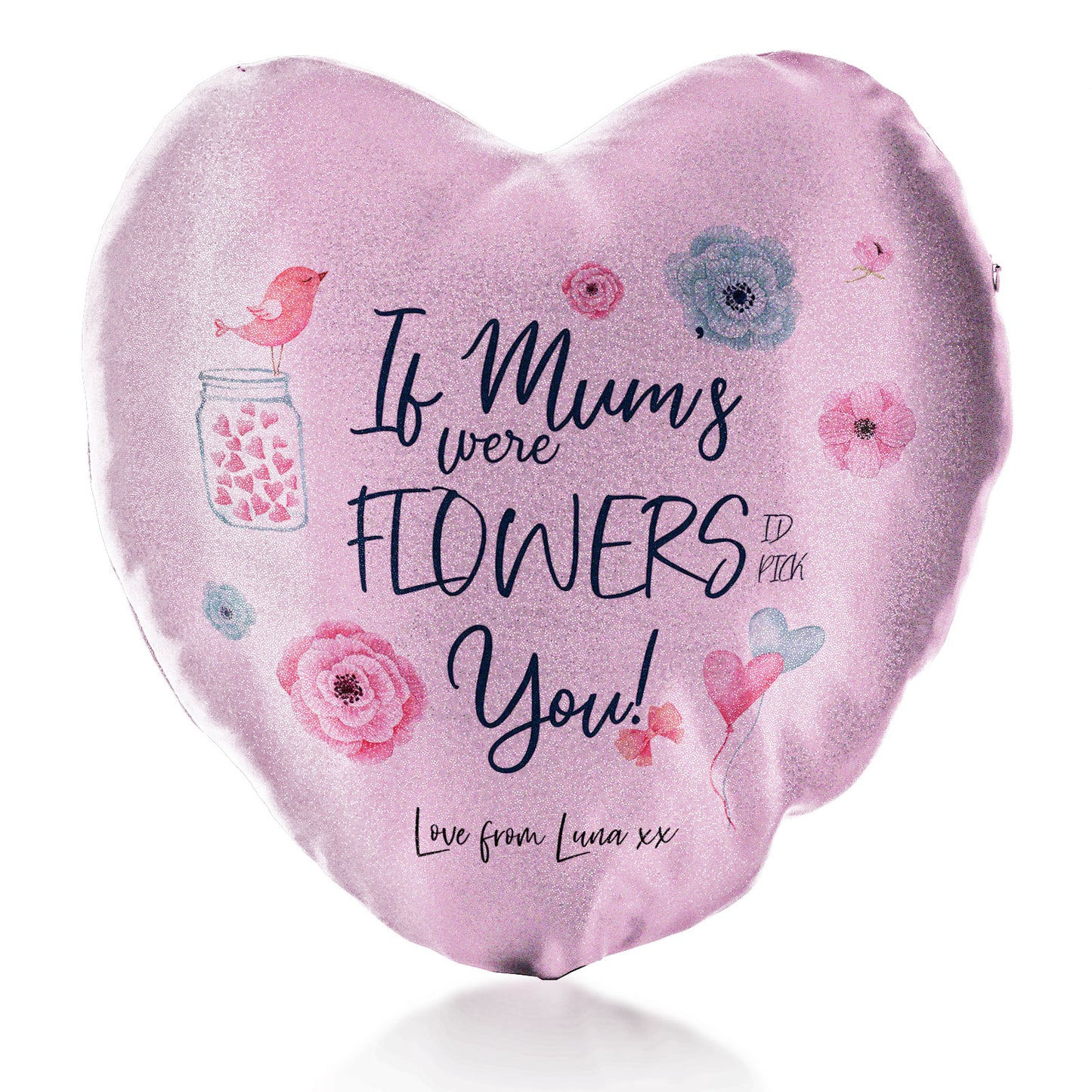Personalisiertes Glitzer-Herzkissen mit stilvollem Text und Blumen-Liebesbotschaft