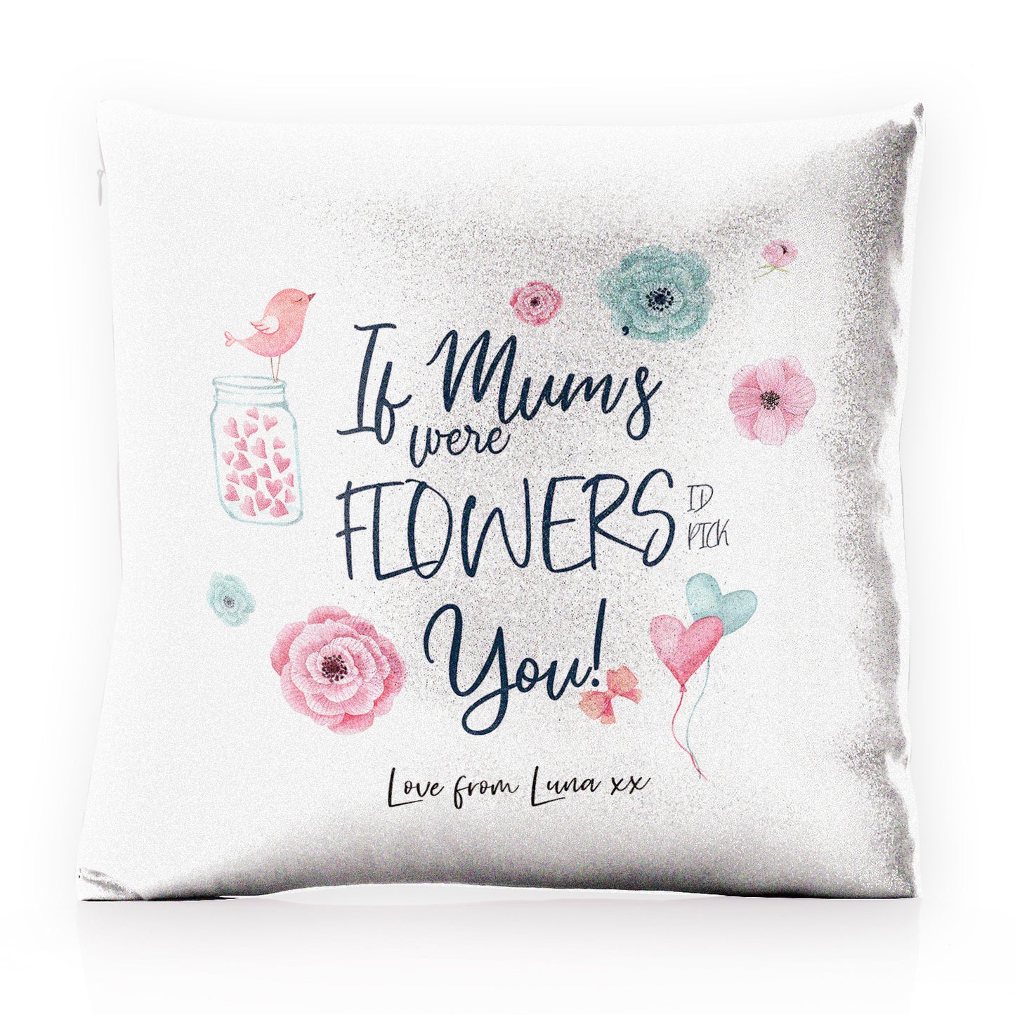 Personalised Glitter Cushion with Stylish Text and Flowers Love Message