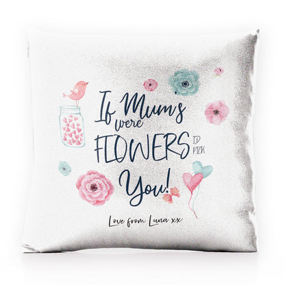 Personalised Glitter Cushion with Stylish Text and Flowers Love Message