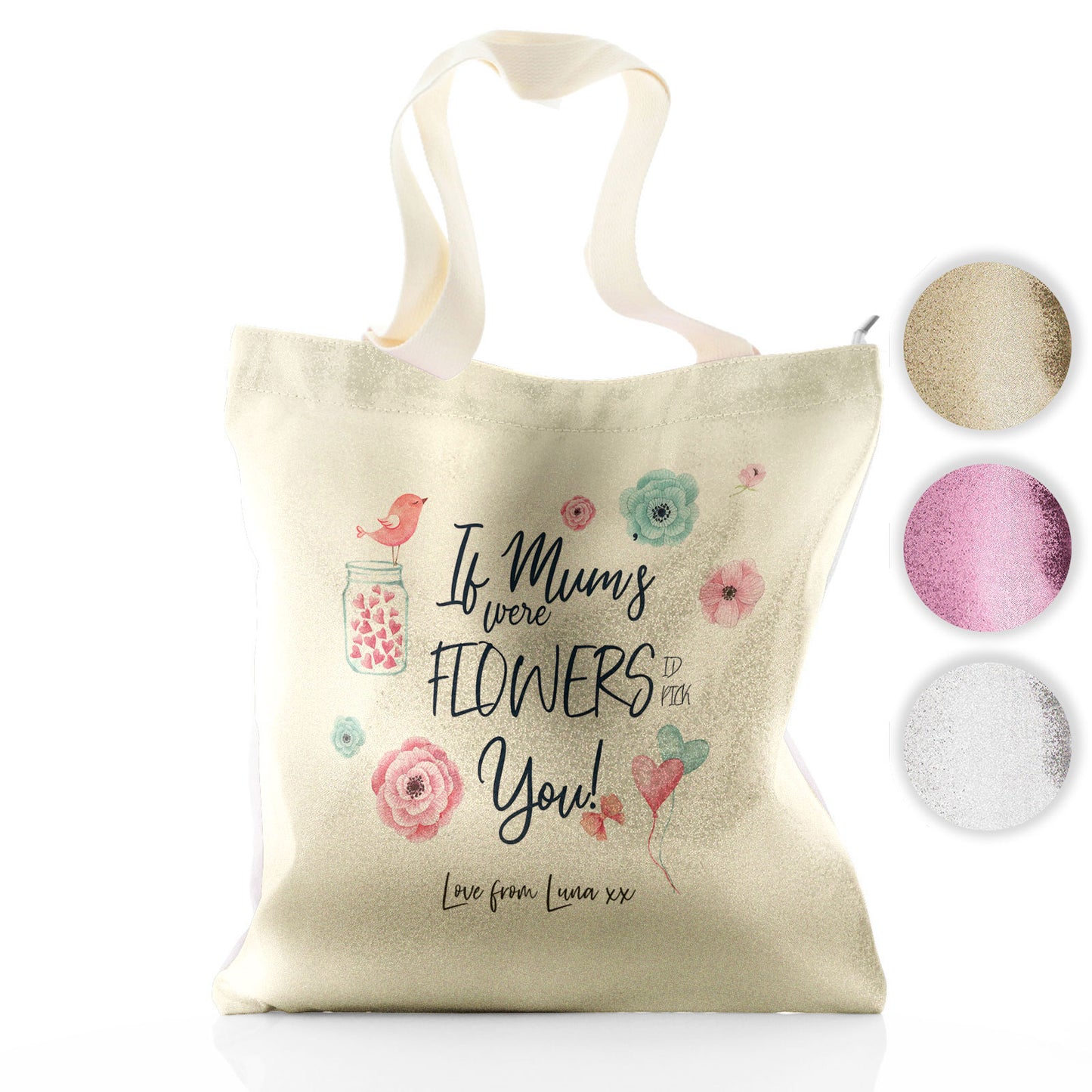 Personalised Glitter Tote Bag with Stylish Text and Flowers Love Message