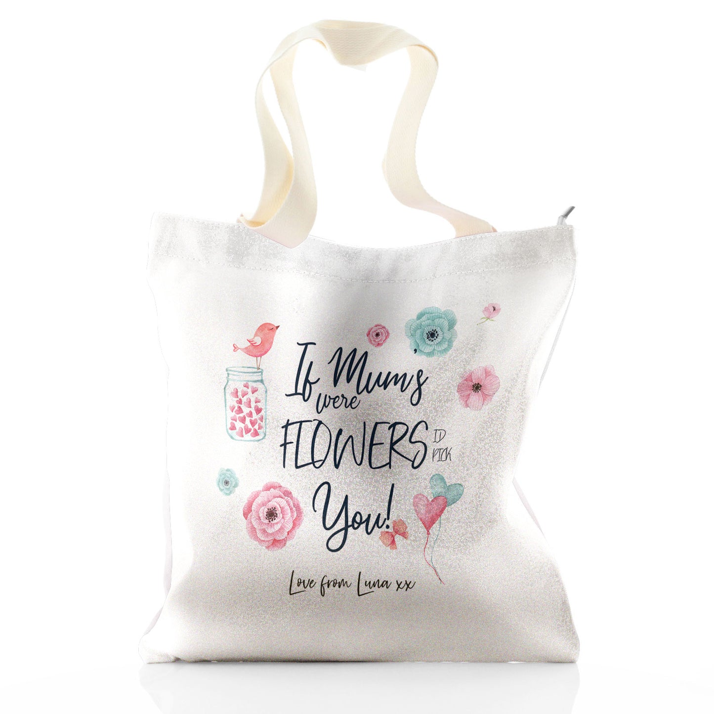 Personalisierte Glitzer-Einkaufstasche mit stilvollem Text und Blumen-Liebesbotschaft