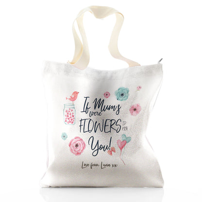 Personalised Glitter Tote Bag with Stylish Text and Flowers Love Message