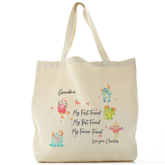 Personalised Canvas Tote Bag with Stylish Text and Forever Friend Monster Message