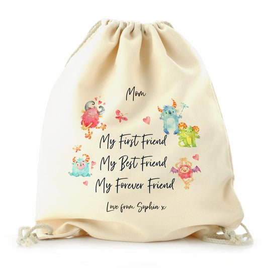 Personalised Canvas Drawstring Backpack with Stylish Text and Forever Friend Monster Message