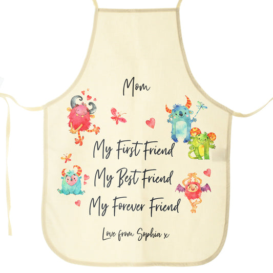 Personalised Canvas Apron with Stylish Text and Forever Friend Monster Message