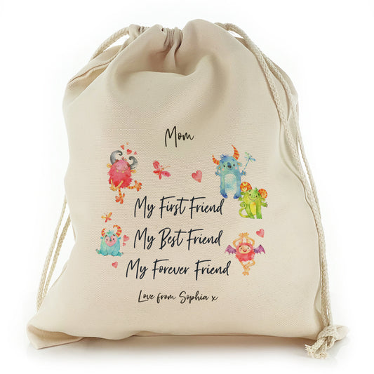 Personalised Canvas Sack with Stylish Text and Forever Friend Monster Message