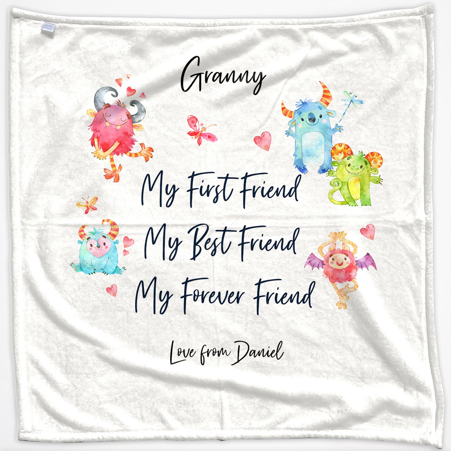 Personalised Blanket with Stylish Text and Forever Friend Monster Message