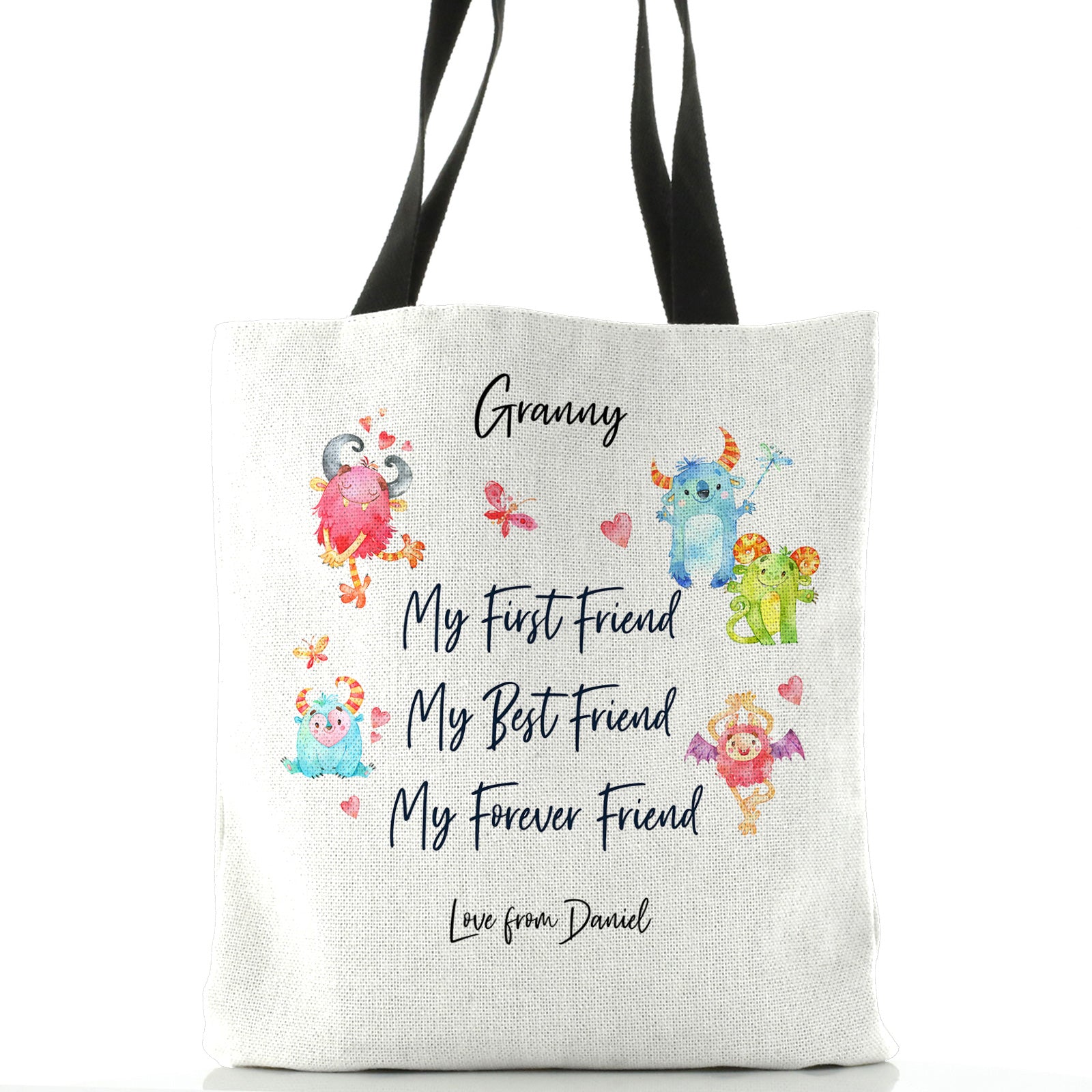 Personalised White Tote Bag with Stylish Text and Forever Friend Monster Message