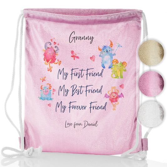 Personalised Glitter Drawstring Backpack with Stylish Text and Forever Friend Monster Message