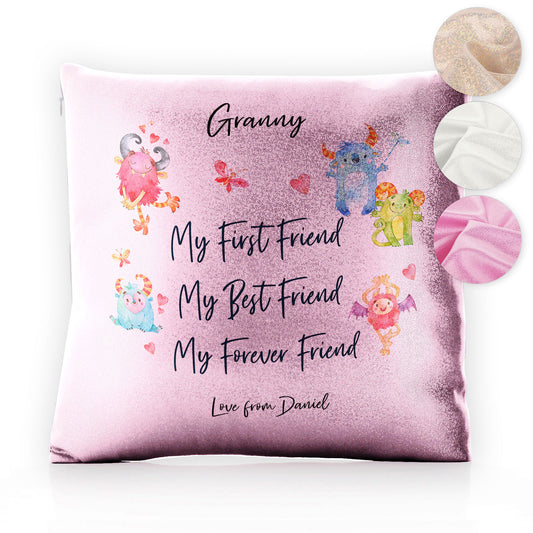 Personalised Glitter Cushion with Stylish Text and Forever Friend Monster Message